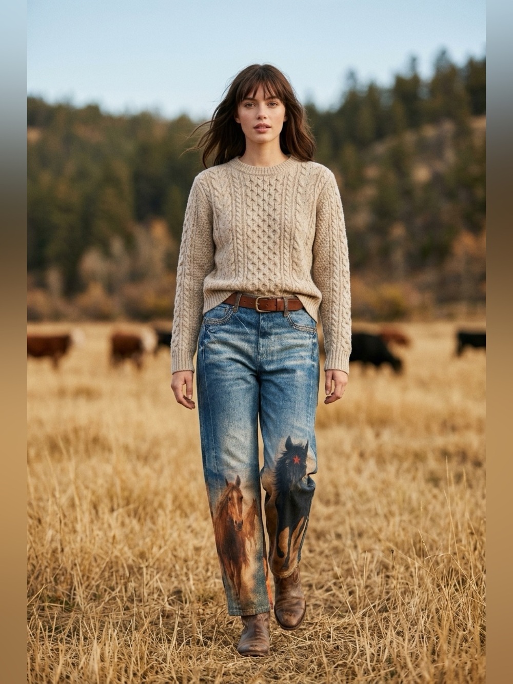 VBRT NEW Blue Barrel Leg Jeans with Brown & Black Horse Print WITH TAGS
